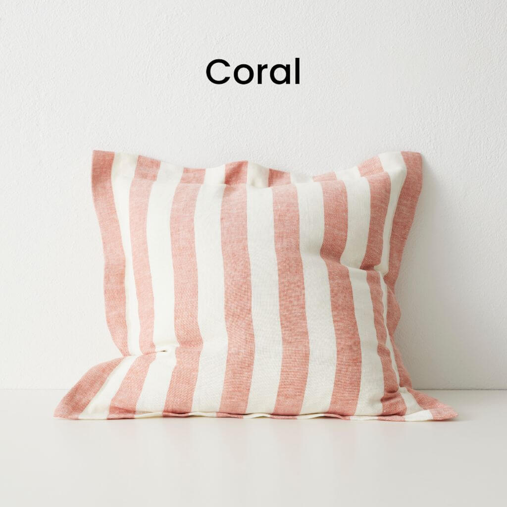 Vito Coral Pink Stone washed linen Cushion 50cm Striped Weave Cushions and Covers with feather insert Beautiful Home Decor