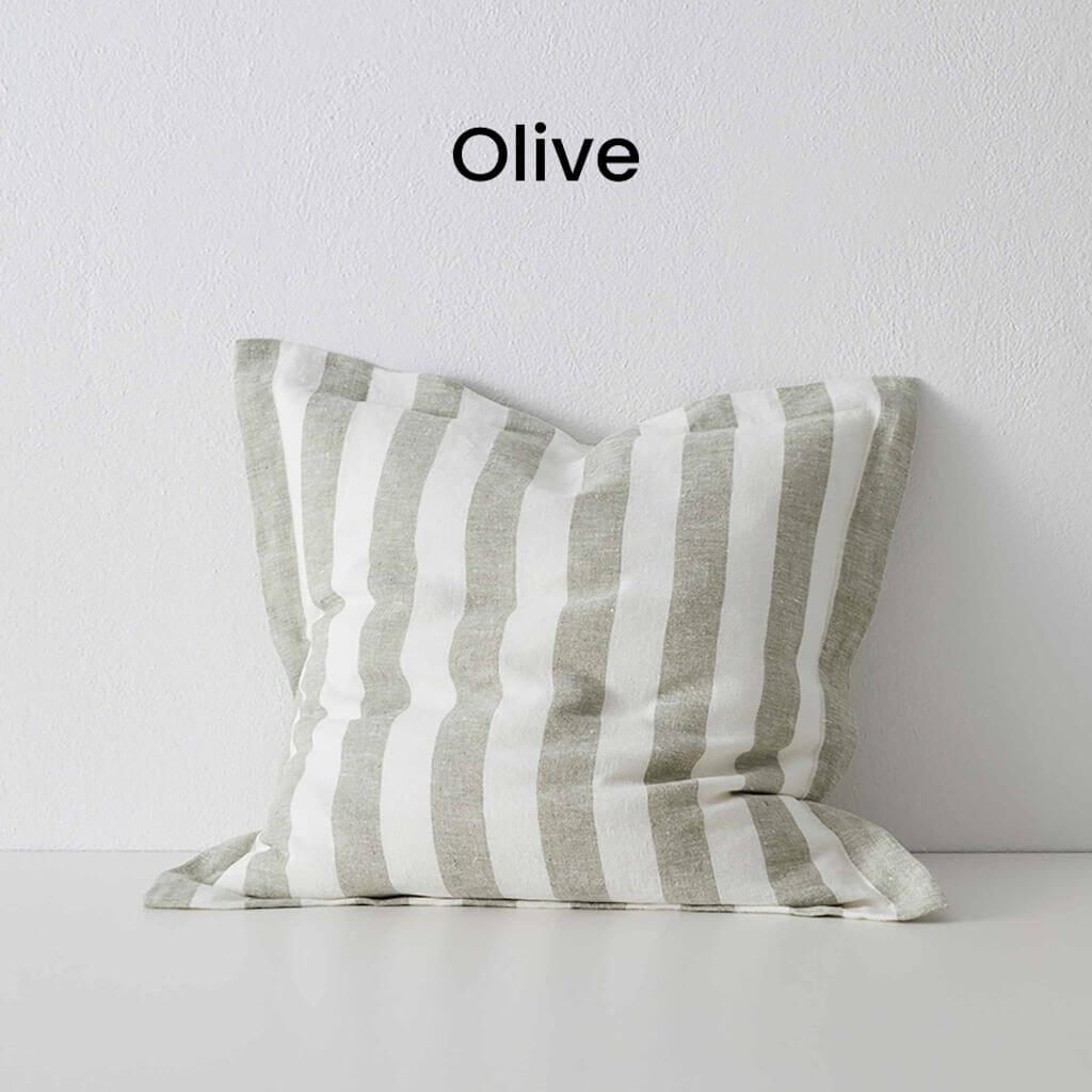 Vito Olive Green Stone washed linen Cushion 50cm Striped Weave Cushions and Covers with feather insert Beautiful Home Decor