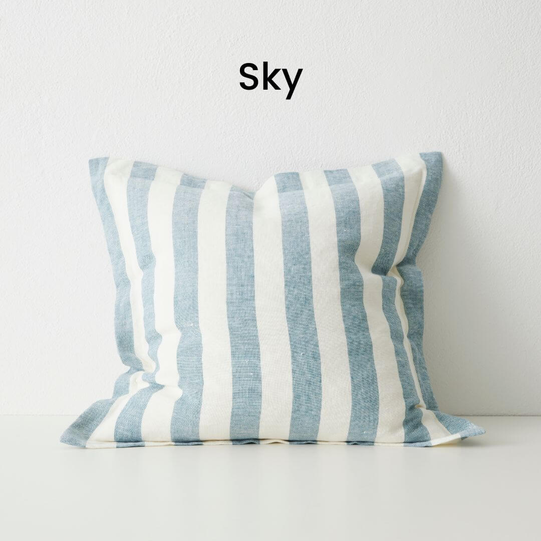 Vito Sky Blue Stone washed linen Cushion 50cm Striped Weave Cushions and Covers with feather insert Beautiful Home Decor