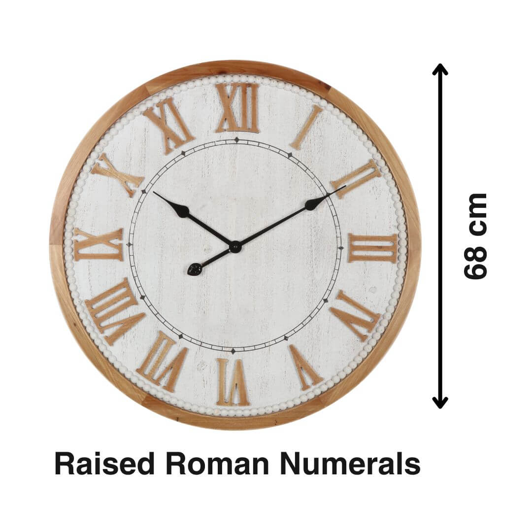 A big 68cm white hamptons roman numerical wall clock with raised timber numerals.