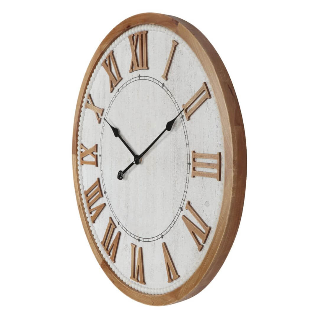 The side view of a large 68cm white hamptons roman numerical wall clock with raised timber numerals.