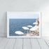 A coastal wall art photo print of white umbrellas on an Amalfi Coast Beach Italy with a black frame or unframed shop online at Beautiful Home Decor with free shipping