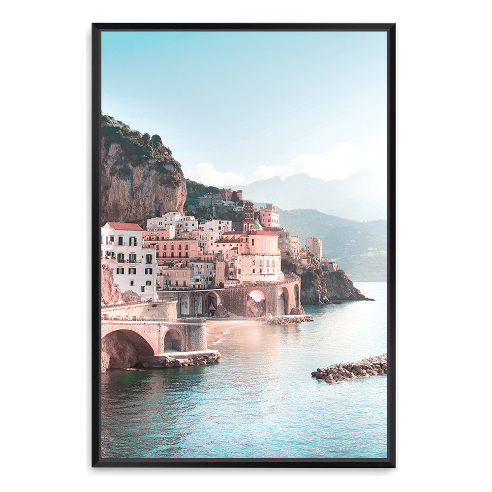 Amalfi Coast City Wall Art Photograph Print Canvas in Black Picture Artwork Framed or Unframed by Beautiful Home Decor