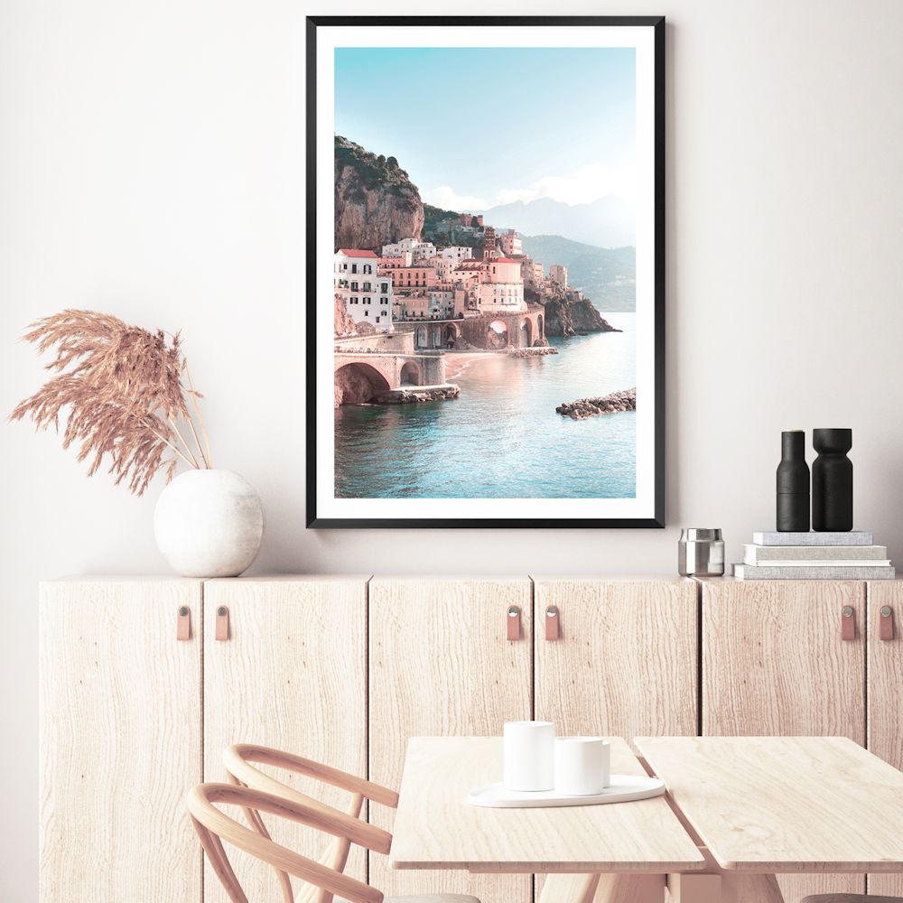 Amalfi Coast City Wall Art Photograph Print Canvas Picture Artwork Framed or Unframed by Beautiful Home Decor on a Dining Room Wall