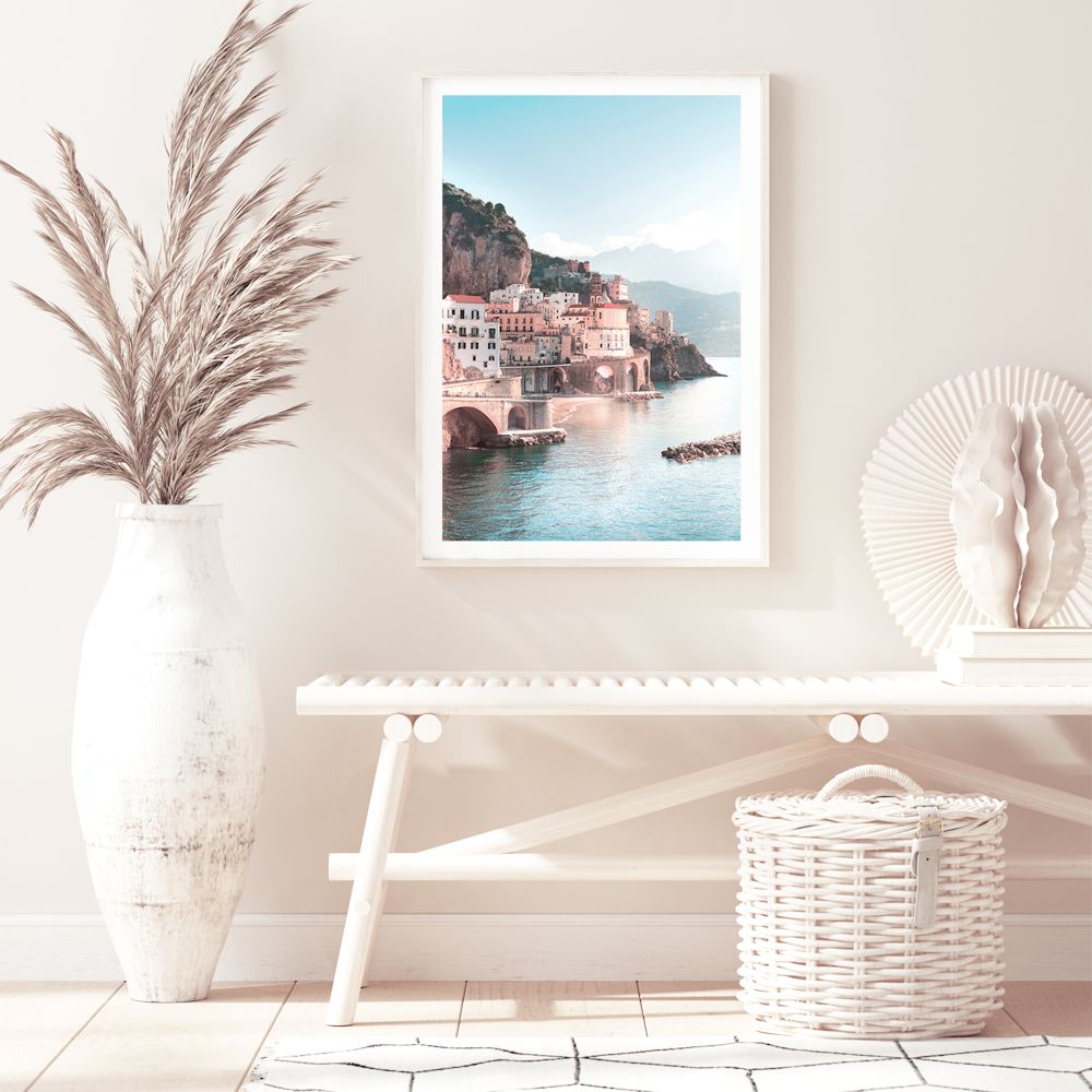 Amalfi Coast City Wall Art Photograph Print Canvas Picture Artwork Framed or Unframed by Beautiful Home Decor on a Hallway Wall