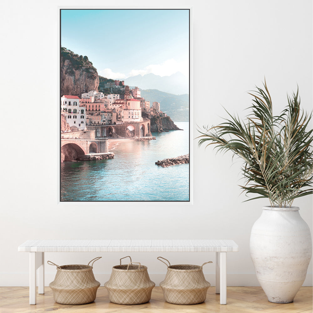 Amalfi Coast City Wall Art Photograph Print Canvas Picture Artwork Framed or Unframed by Beautiful Home Decor in a Hallway