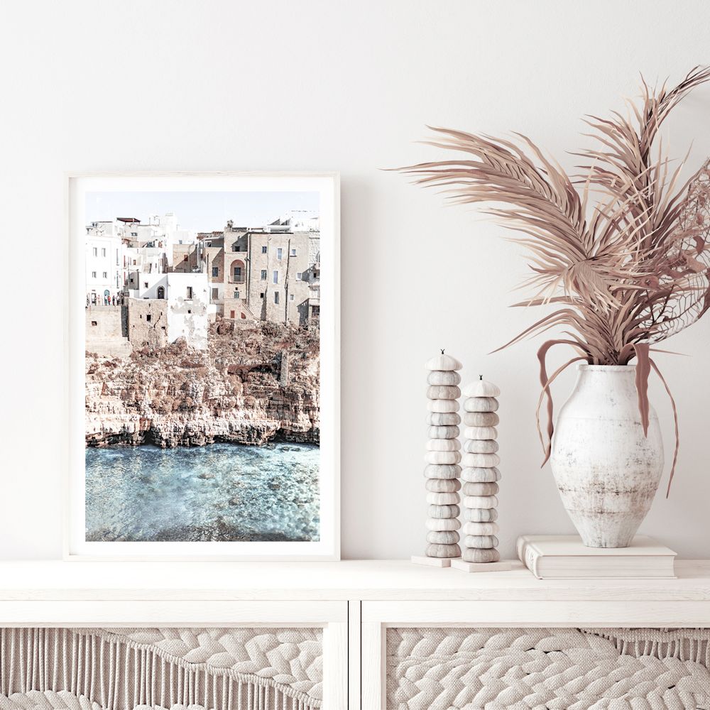 A Hamptons artwork print of the beautiful Amalfi Cliffs Coast in Italy, available unframed or framed in timber, black or white frames.