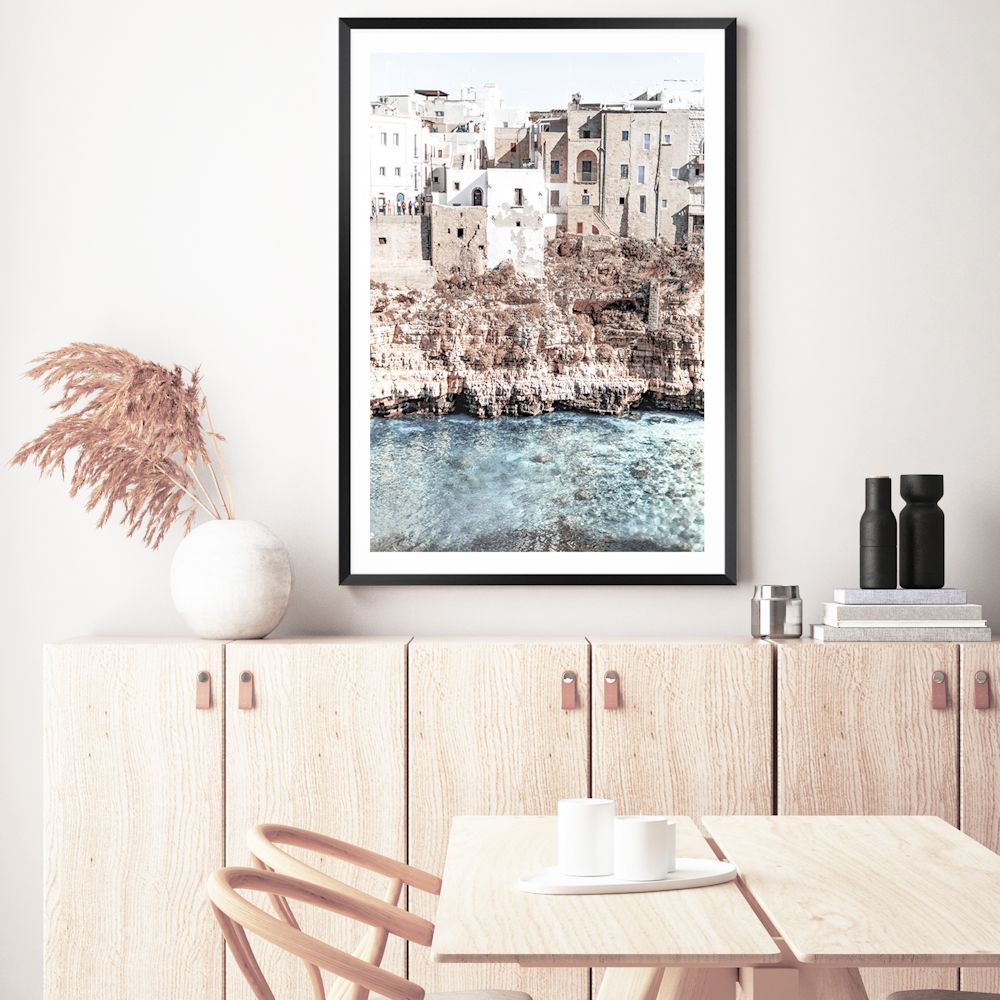 A beautiful coastal art print featuring the Amalfi Cliffs in Italy, available in an unframed poster print, stretched canvas or with a timber, white or black frame. 