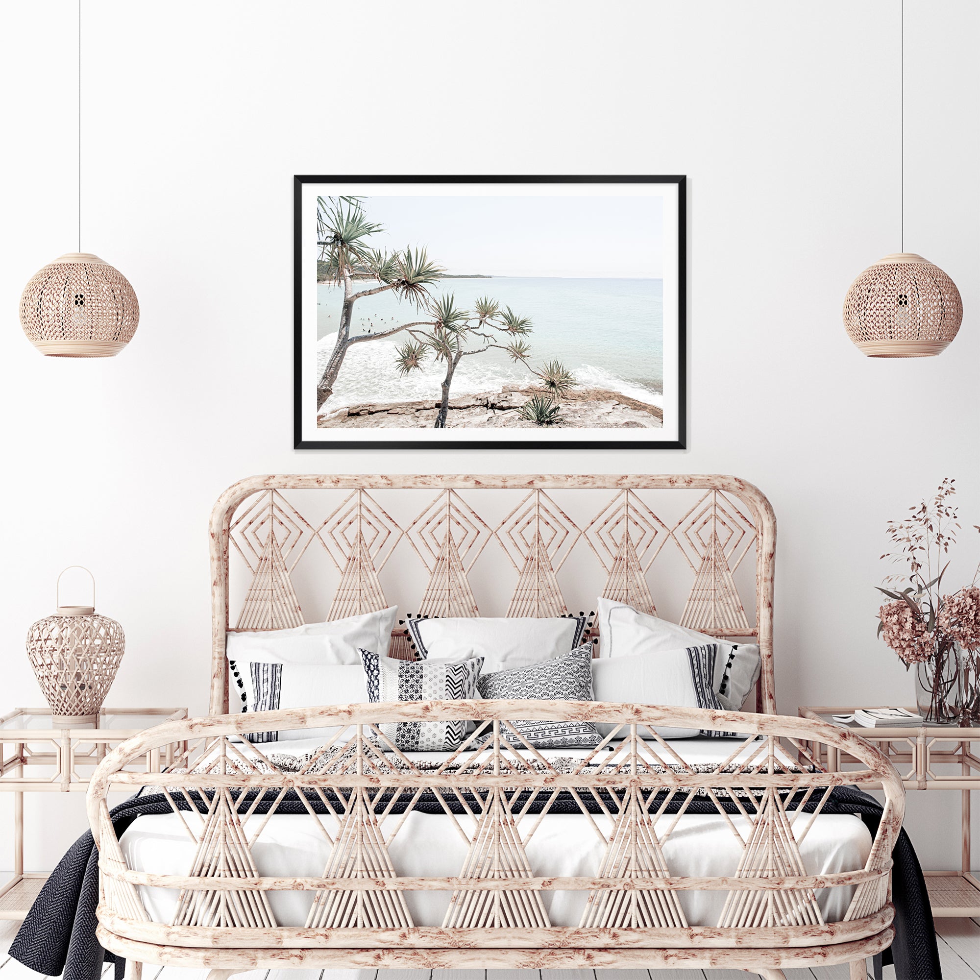 A Hamptons wall art print of Byron Bay's Watego Beach featuring surfers in the blue waves, available in poster print and canvas.