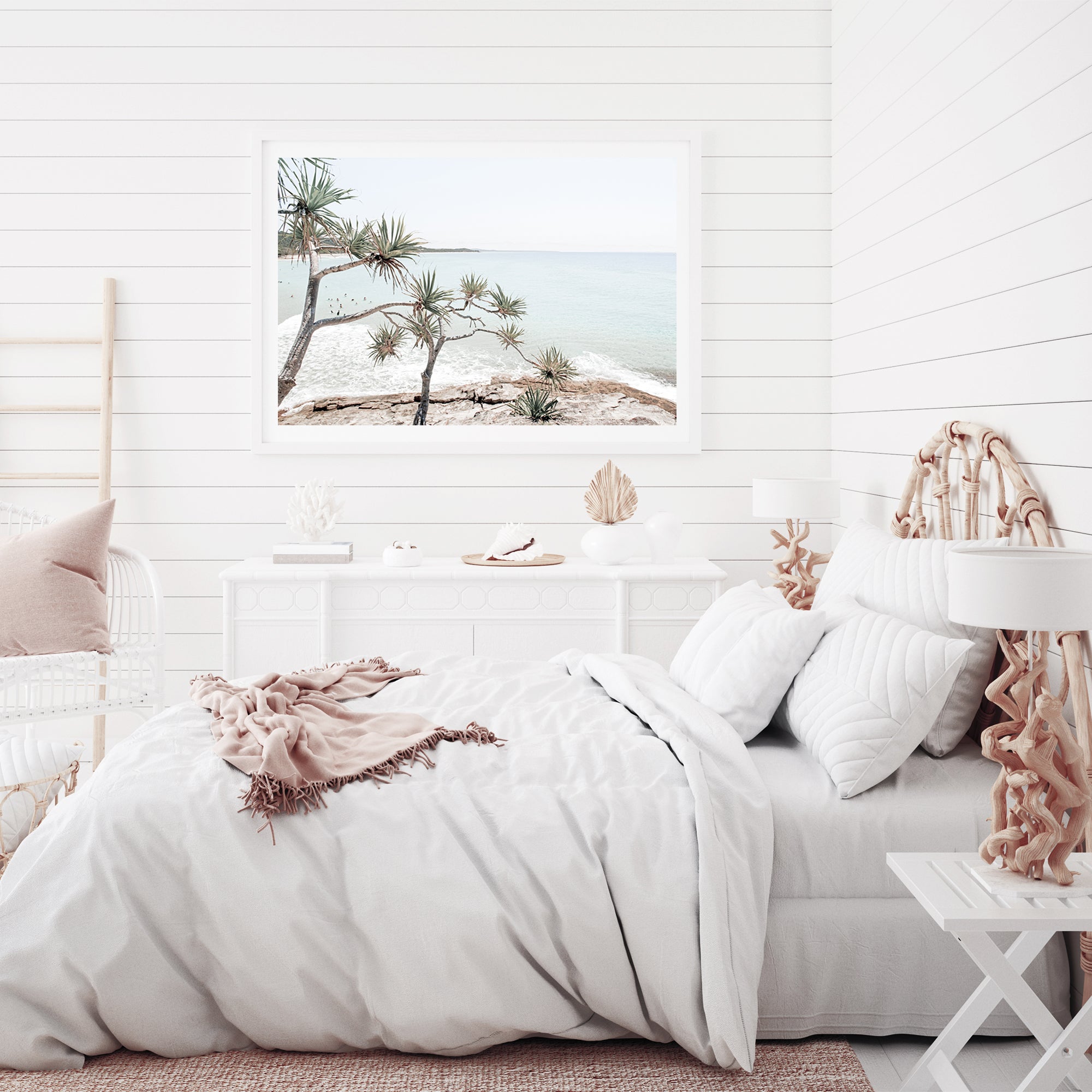 A coastal photo stretched canvas wall art print of Byron Bay's Watego Beach featuring surfers in the blue waves of Australian Surf Beach A.