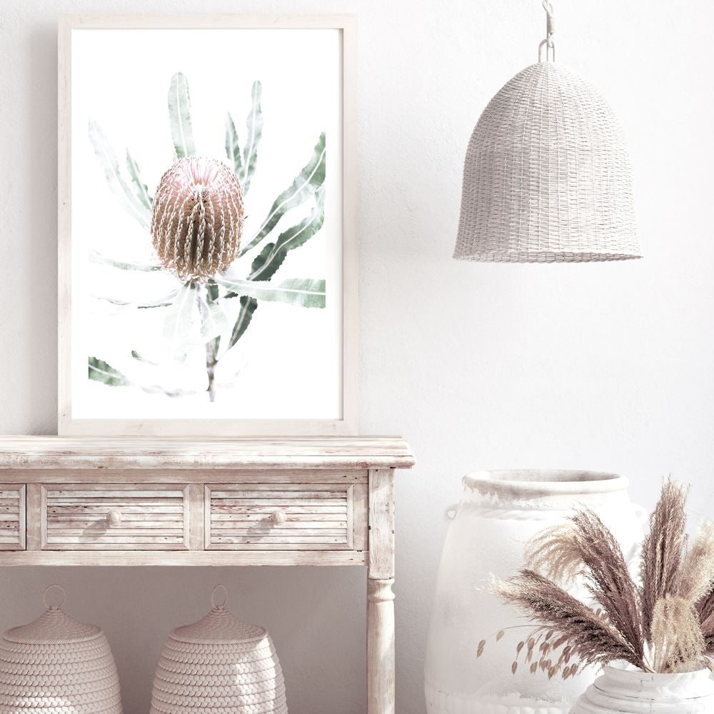 The beautiful peach Australian native Banksia Flower B in an art print, available in an unframed poster print, stretched canvas or with a timber, white or black frame.