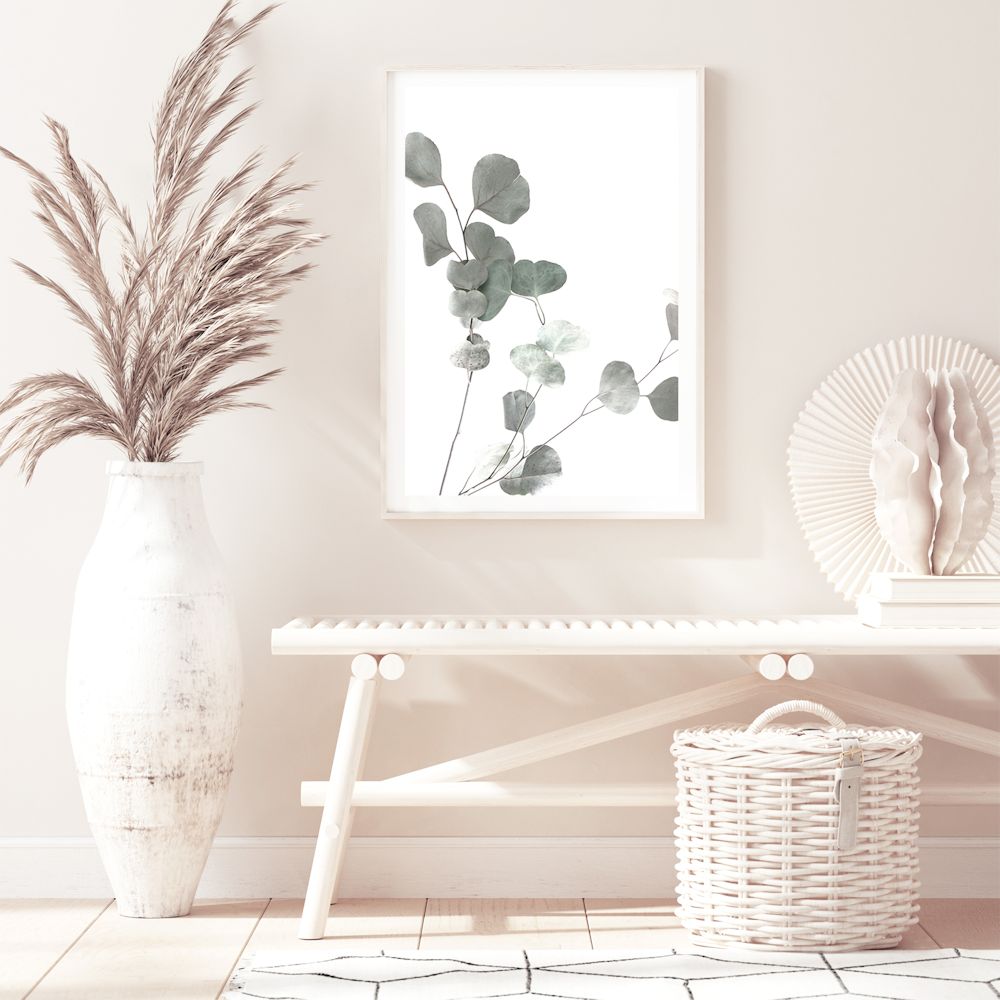 This art print features Australian Native Eucalyptus Leaves A in green muted tones. 