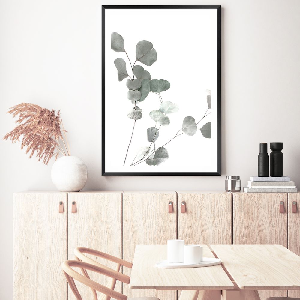 Featuring the Australian Native Eucalyptus Leaves A in green muted tones photo art print, available in an unframed poster print, stretched canvas or with a timber, white or black frame.