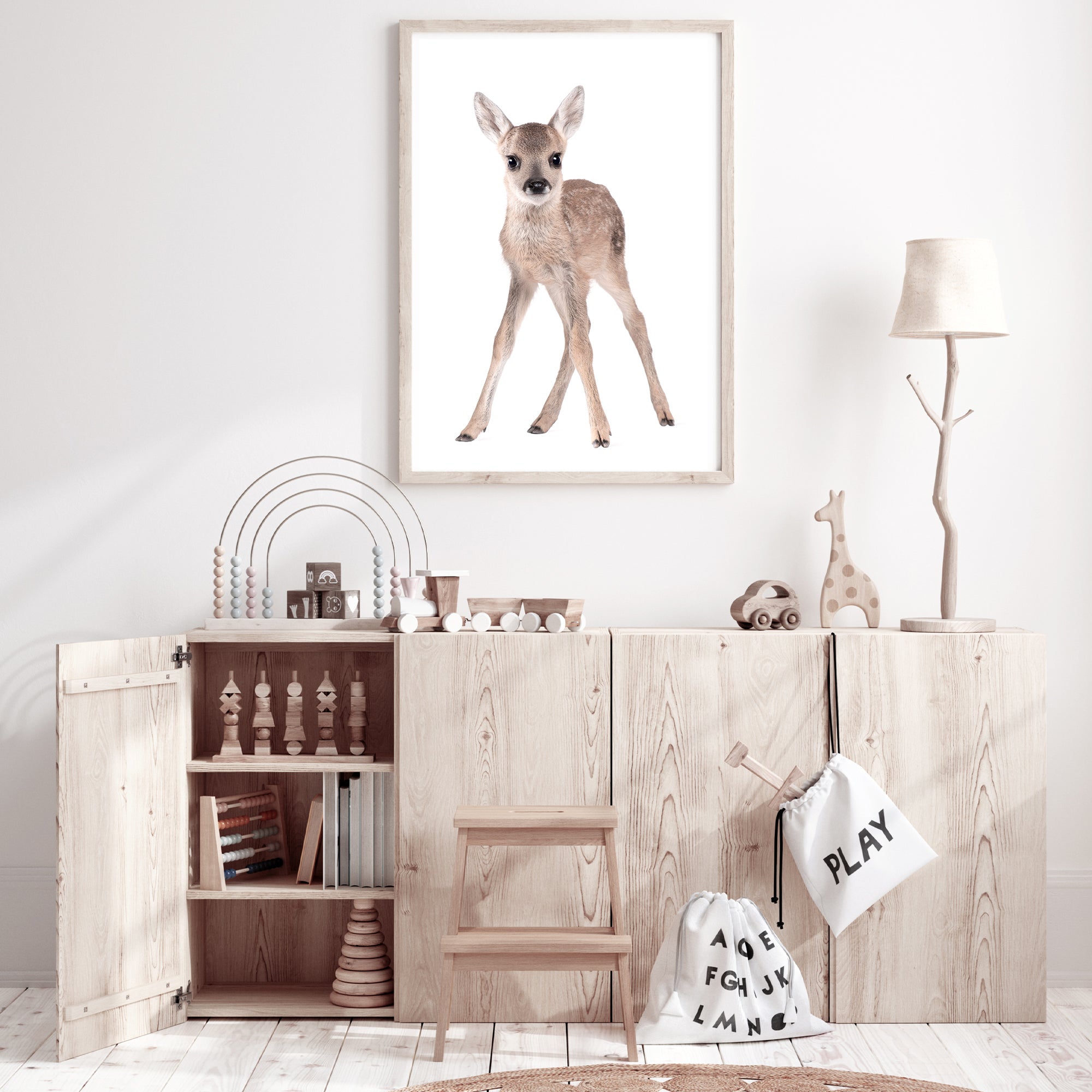 Perfect for your nursery, the Animal Baby Deer photo art print, available in an unframed poster print, stretched canvas or with a timber, white or black frame.
