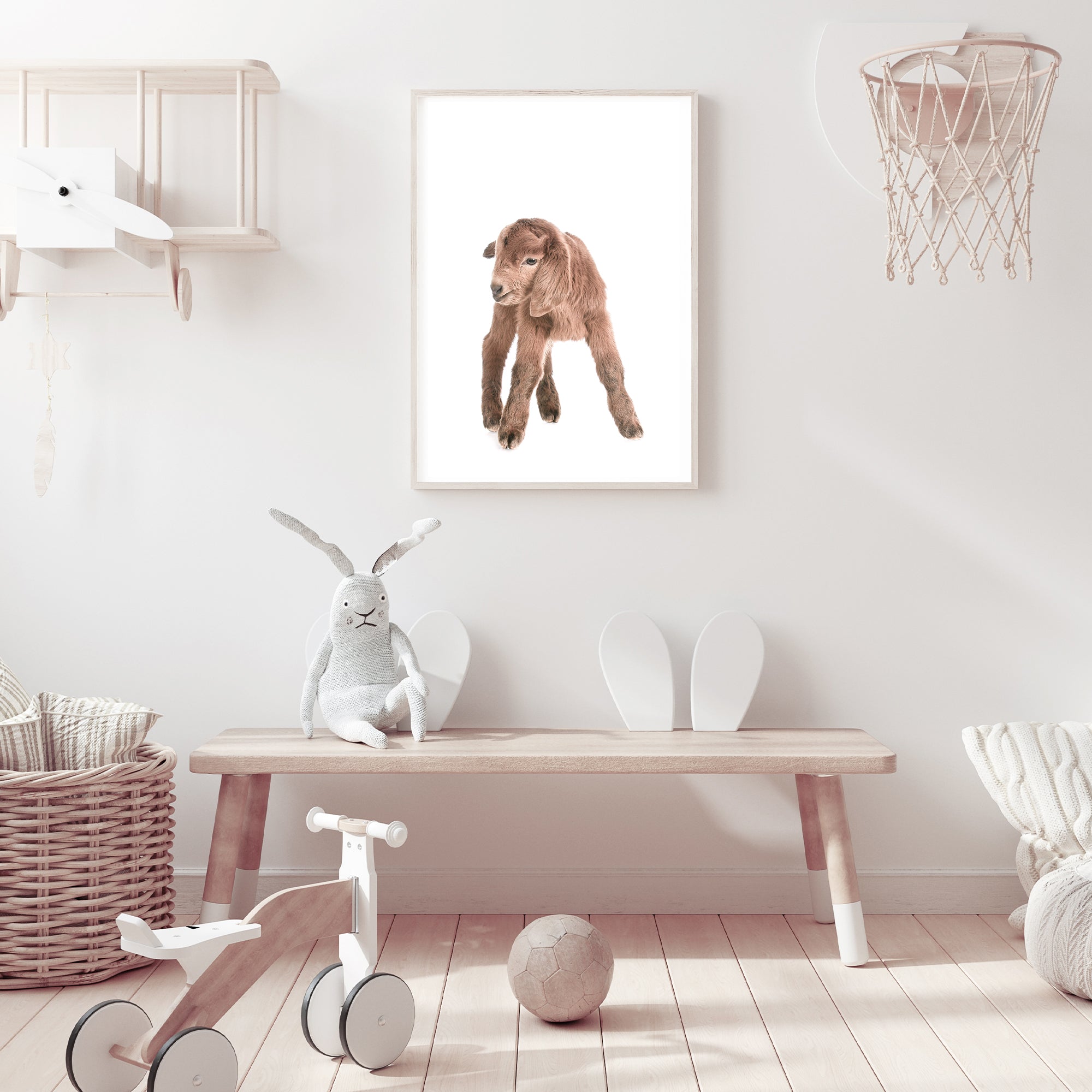 Featuring the animal Baby Goat photo art print, available in an unframed poster print, stretched canvas or with a timber, white or black frame, for your nursery