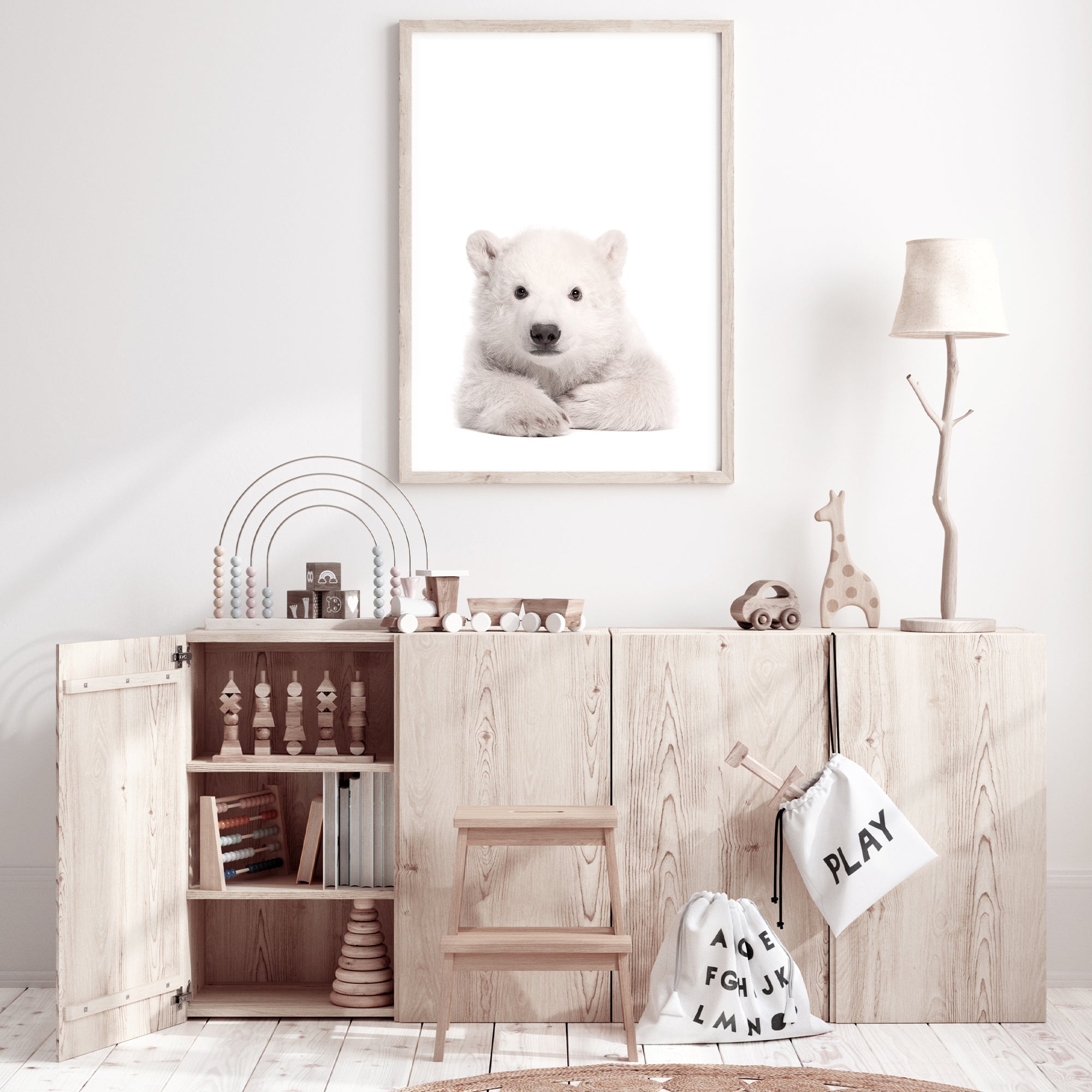Featuring the animal Baby Polar Bear photo art print, for your baby nursery available in an unframed poster print, stretched canvas or with a timber, white or black frame.