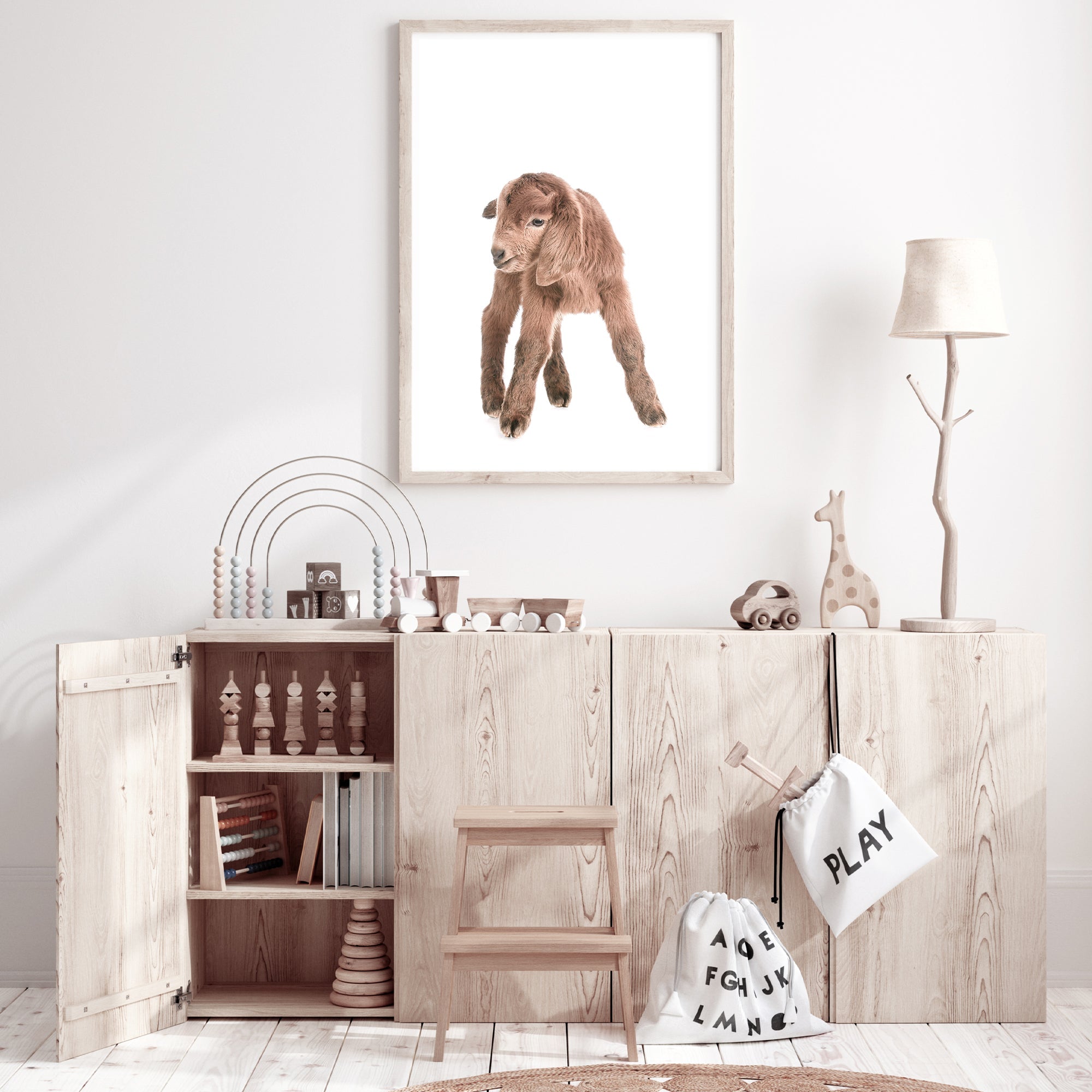 Featuring the animal Baby Goat photo art print, available in an unframed poster print, stretched canvas or with a timber, white or black frame.