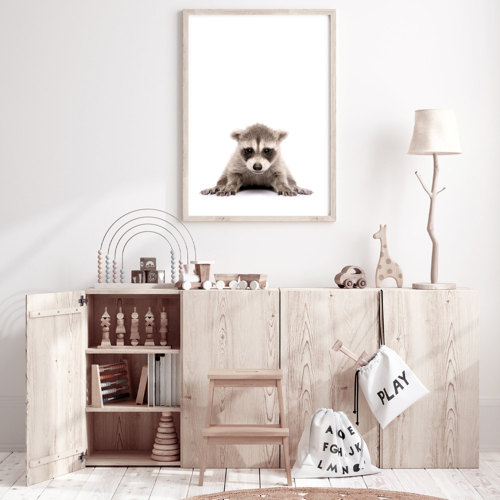 Featuring the animal Baby Racoon photo art print, available in an unframed poster print, stretched canvas or with a timber, white or black frame.