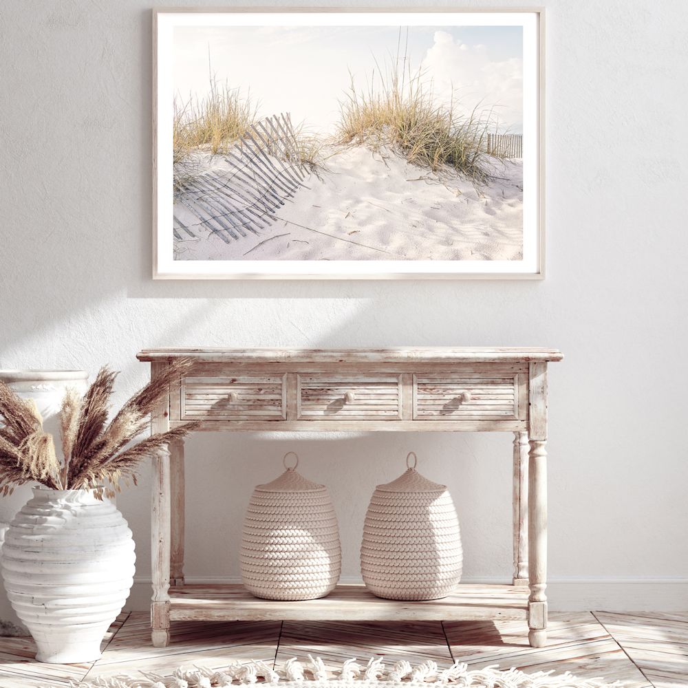Beach Dunes with Grass Wall Art Photograph Print Canvas Picture Artwork Framed or Unframed next to a Hallway Table by Beautiful Home Decor