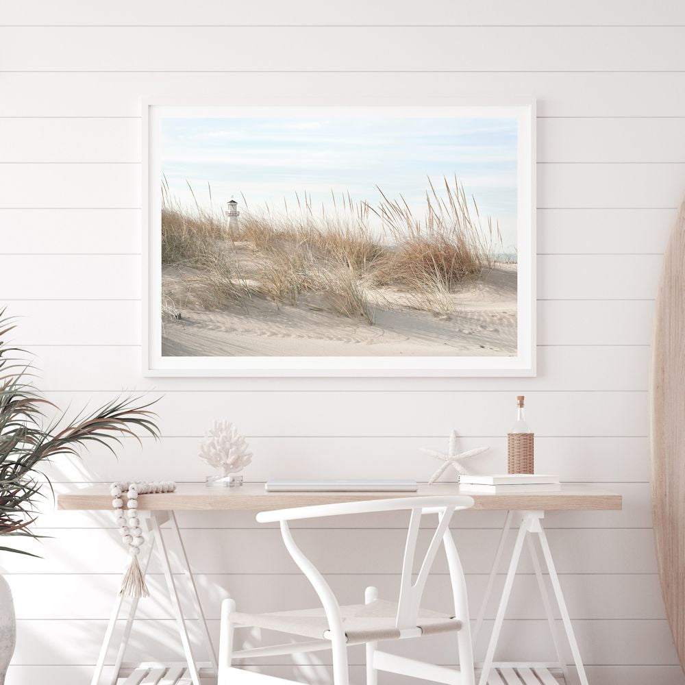 Beach Lighthouse through Coastal Grass Wall Art Photograph Print or Canvas Framed or Unframed next to a Dining Room Table by Beautiful Home Decor