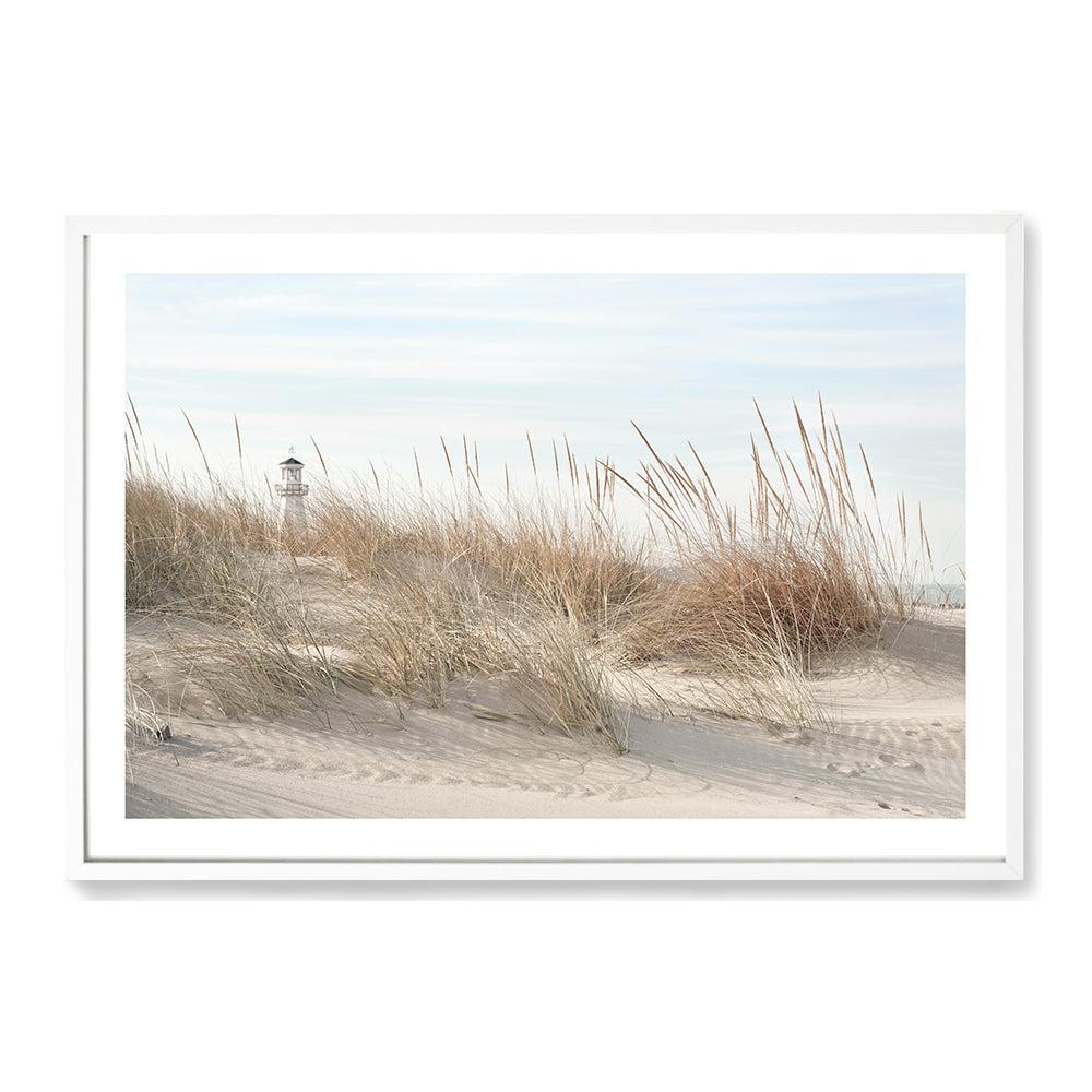 Beach Lighthouse through Coastal Grass Wall Art Photograph Print or Canvas White Framed or Unframed by Beautiful Home Decor