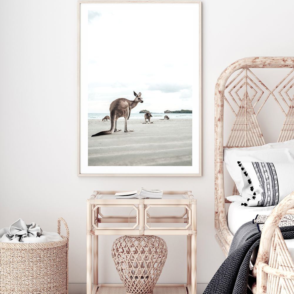 Beach side Kangaroos Wall Art Photograph Print or Canvas Framed or Unframed next to a Bedroom table by Beautiful Home Decor
