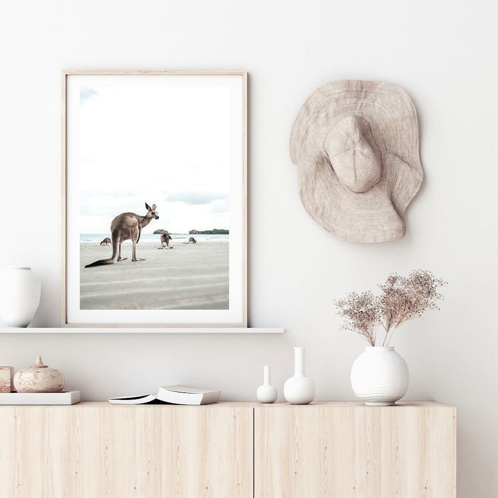 Beach side Kangaroos Wall Art Photograph Print or Canvas Framed or Unframed next to a  Console Side Table by Beautiful Home Decor