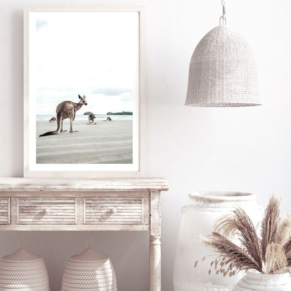 Beach side Kangaroos Wall Art Photograph Print or Canvas Framed or Unframed next to a Hallway Table by Beautiful Home Decor