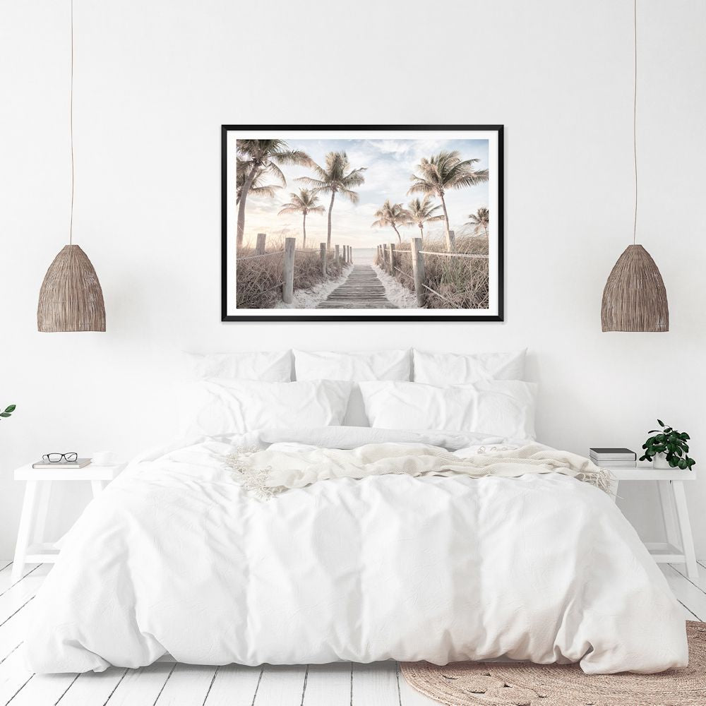A coastal wall art print of Florida Keys with a path to the beach framed by palm trees, this artwork is available in an unframed poster print, stretched canvas or with a timber, white or black frame. Coastal and Hamptons Artwork Collection. Portrait - Free Delivery Size : A4, A3, A2, A1, 40 x 50cm , 50 x 70cm, 61 x 91cm, 100 x 75cm.