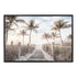 A Hamptons stretched canvas artwork of Florida Keys with a path to the beach framed by palm trees, available in framed or unframed.
