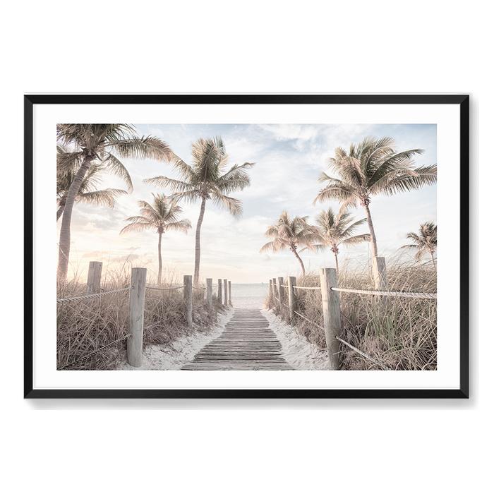A coastal art print of of Florida Keys with a path to the beach framed by palm trees, available in canvas and wall art print.   