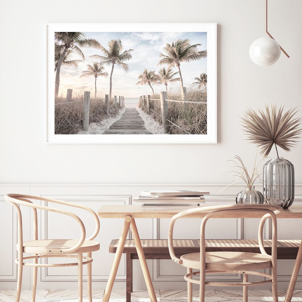 A Hamptons wall art print of Florida Keys with a path to the beach framed by palm trees, available framed or unframed.