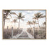 A framed or unframed stretched canvas of Florida Keys with a path to the beach framed by palm trees.