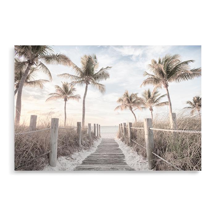 Available in a timber, black or white frame is this artwork of Florida Keys with a path to the beach framed by palm trees.