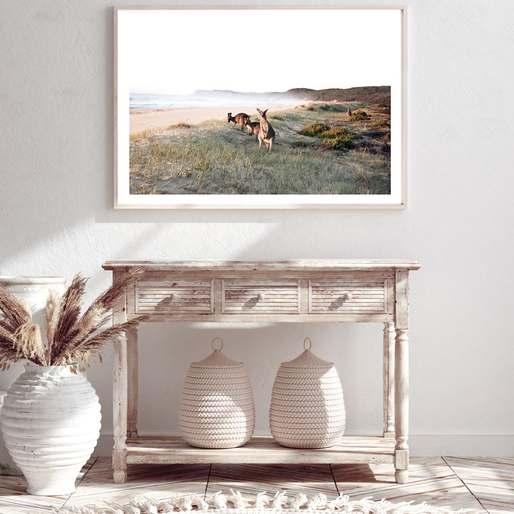 Beachside Kangaroos Wall Art Photograph Print or Canvas Framed or Unframed next to a Hallway Table by Beautiful Home Decor