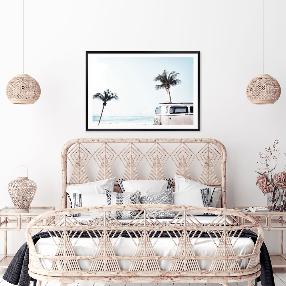 An artwork featuring an iconic blue Kombi van at the beach with palm trees,  in canvas or photo print.