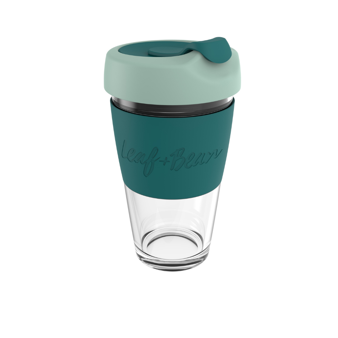 Enjoy your morning brew on the go with a stylish Leaf and Bean Sorrento Travel Cup in Moss Forest Green and clear Glass.