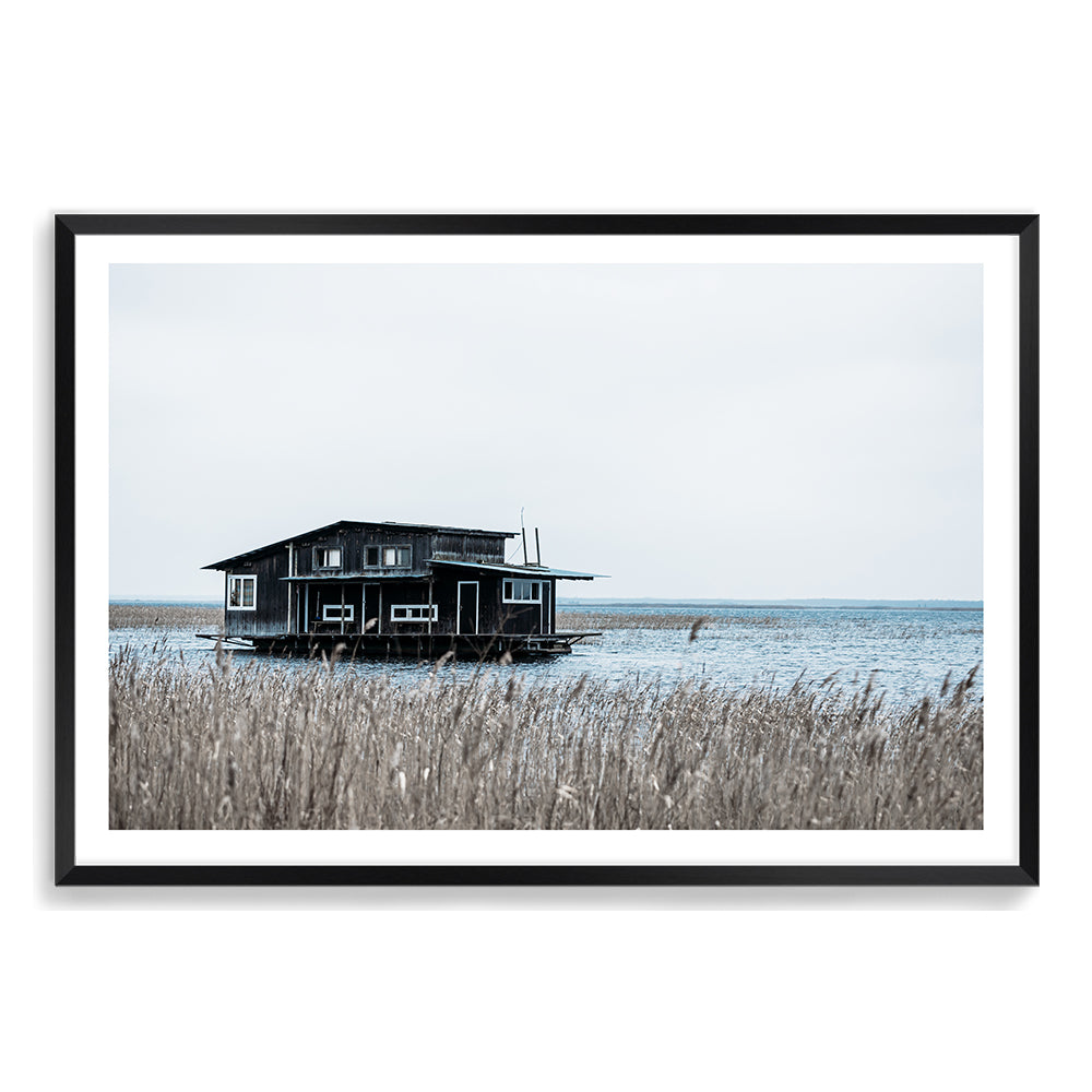 Black Boat House on Bay Wall Art Photograph Print or Canvas Black Framed or Unframed by Beautiful Home Decor