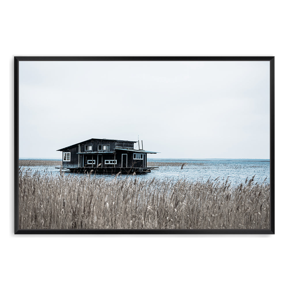 Black Boat House on Bay Wall Art Photograph Print or Canvas Framed Black or Unframed by Beautiful Home Decor