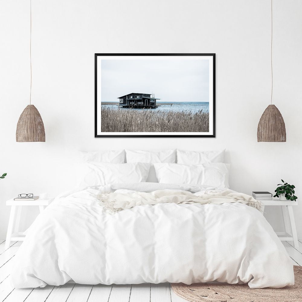 Black Boat House on Bay Wall Art Photograph Print or Canvas Framed or Unframed Above Bed Beautiful Home Decor