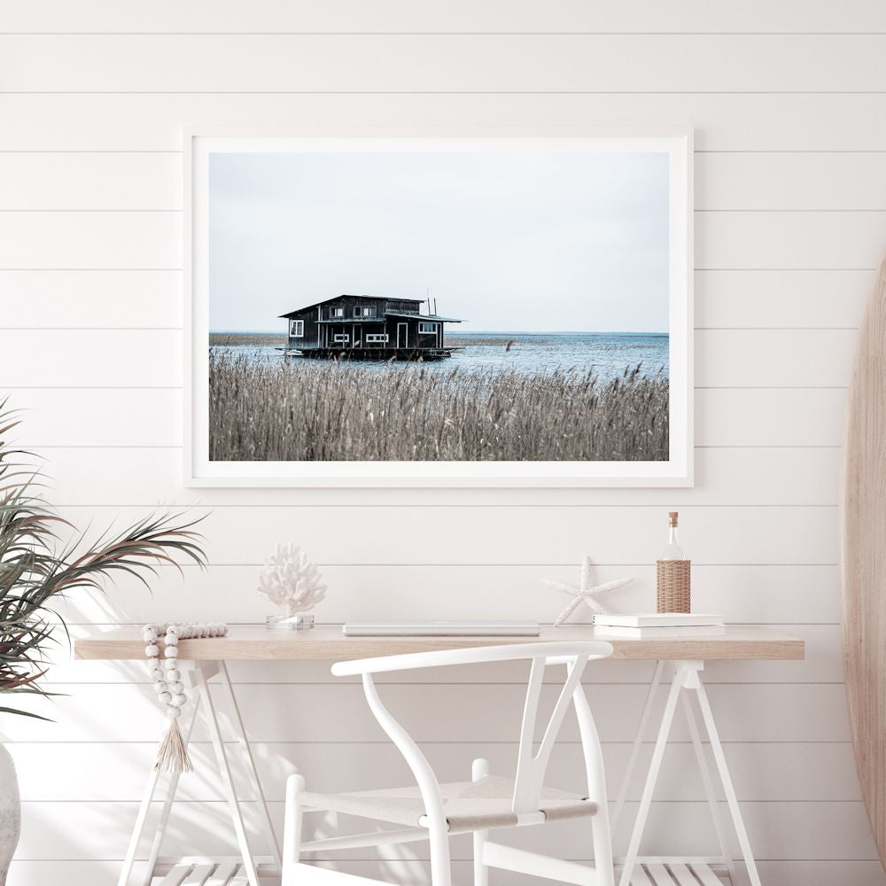 Black Boat House on Bay Wall Art Photograph Print or Canvas Framed or Unframed for a  Dining Room by Beautiful Home Decor