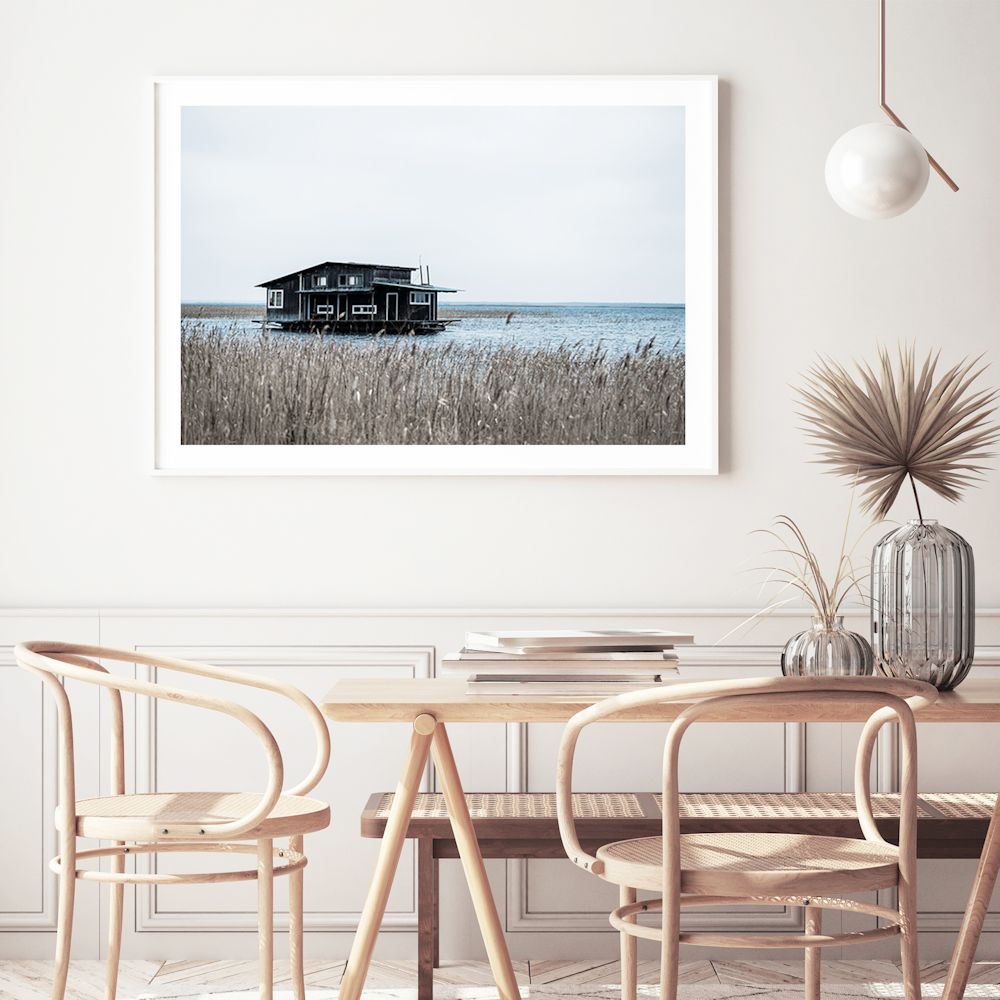 Black Boat House on Bay Wall Art Photograph Print or Canvas Framed or Unframed for a Dining Room Wall by Beautiful Home Decor