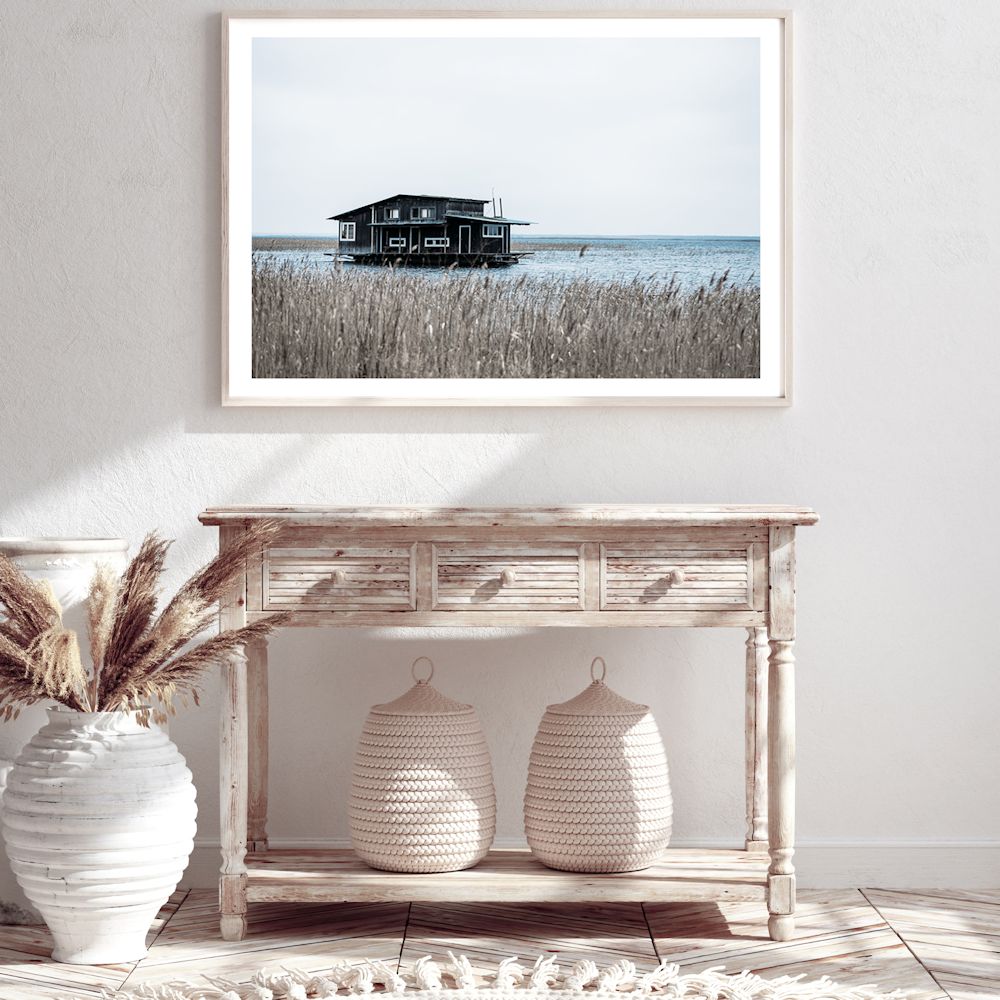 Black Boat House on Bay Wall Art Photograph Print or Canvas Framed or Unframed in a Hallway by Beautiful Home Decor