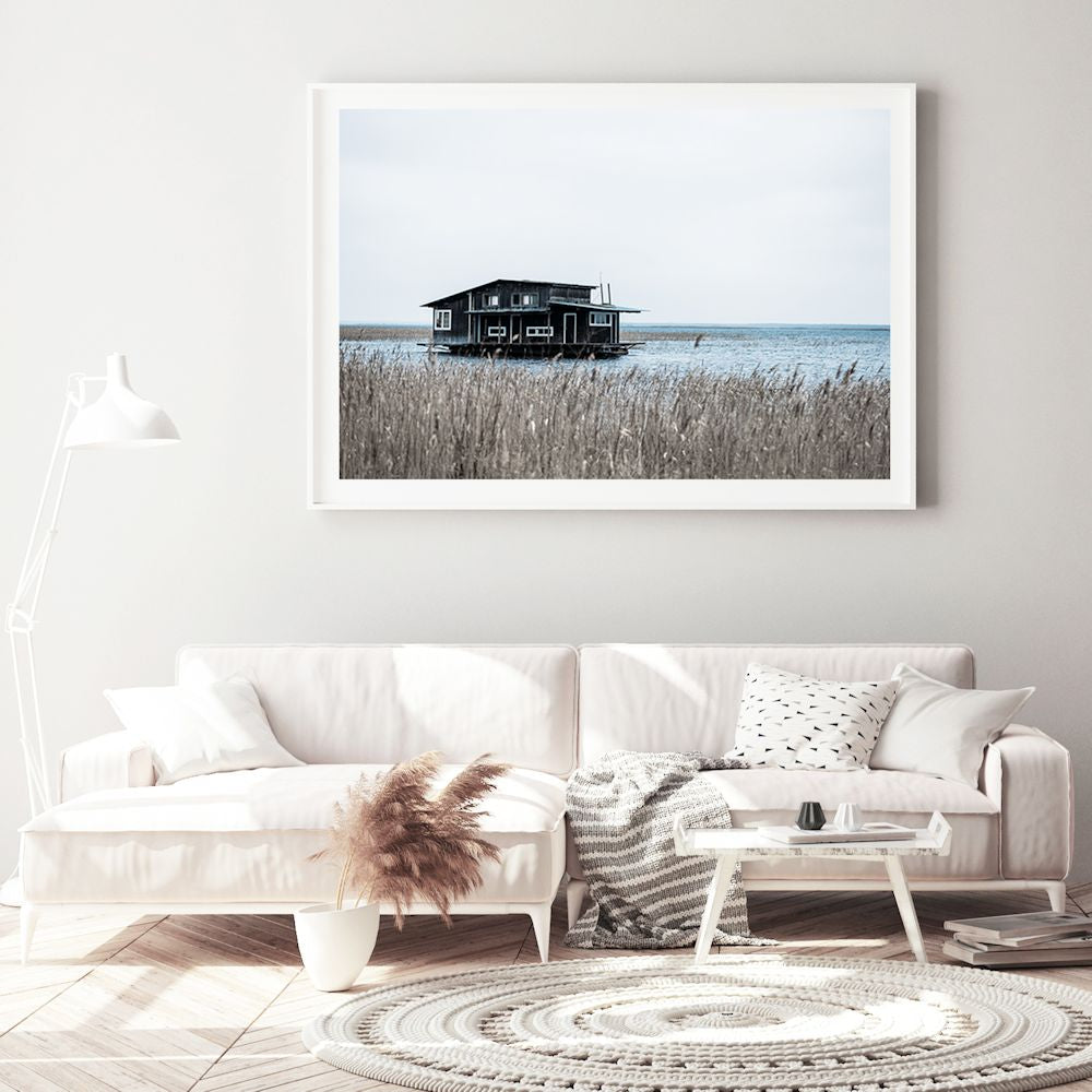 Black Boat House on Bay Wall Art Photograph Print or Canvas Framed or Unframed for a Living Room by Beautiful Home Decor