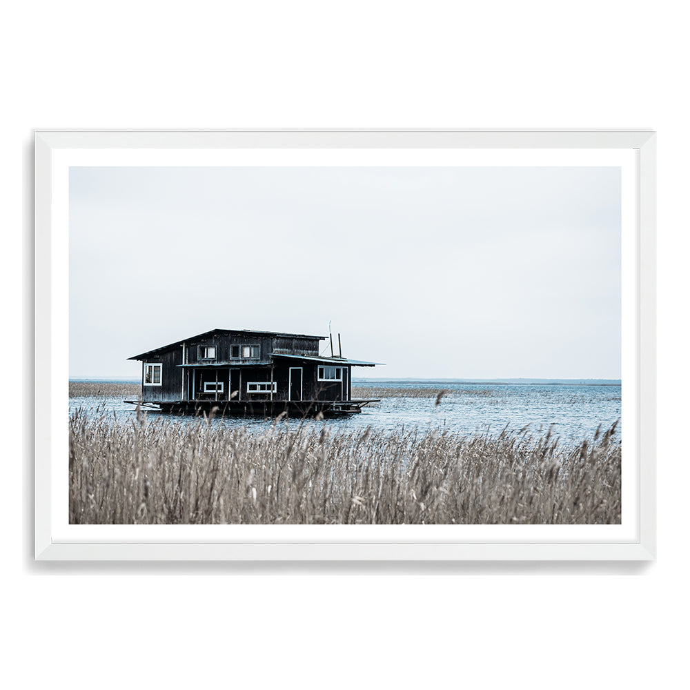 Black Boat House on Bay Wall Art Photograph Print or Canvas White Framed or Unframed by Beautiful Home Decor