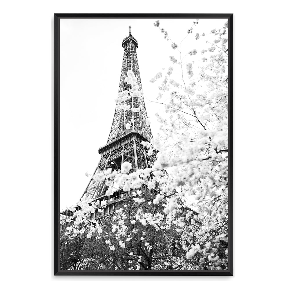 Black and White Eiffel Tower in Spring Wall Art Photograph Print or Canvas Framed Black or Unframed by Beautiful Home Decor