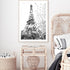 Black and White Eiffel Tower in Spring Wall Art Photograph Print or Canvas Framed or Unframed next to a Bedroom table by Beautiful Home Decor