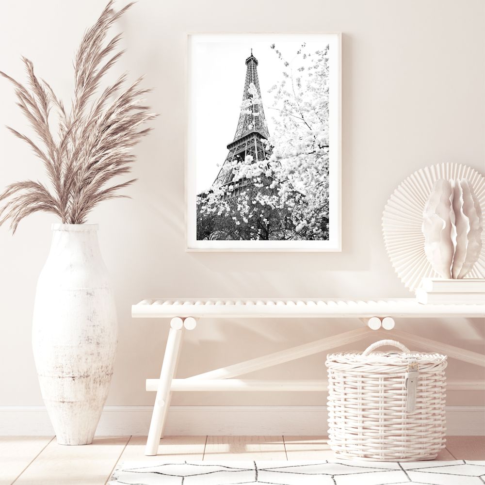Black and White Eiffel Tower in Spring Wall Art Photograph Print or Canvas Framed or Unframed Hall Way Beautiful Home Decor
