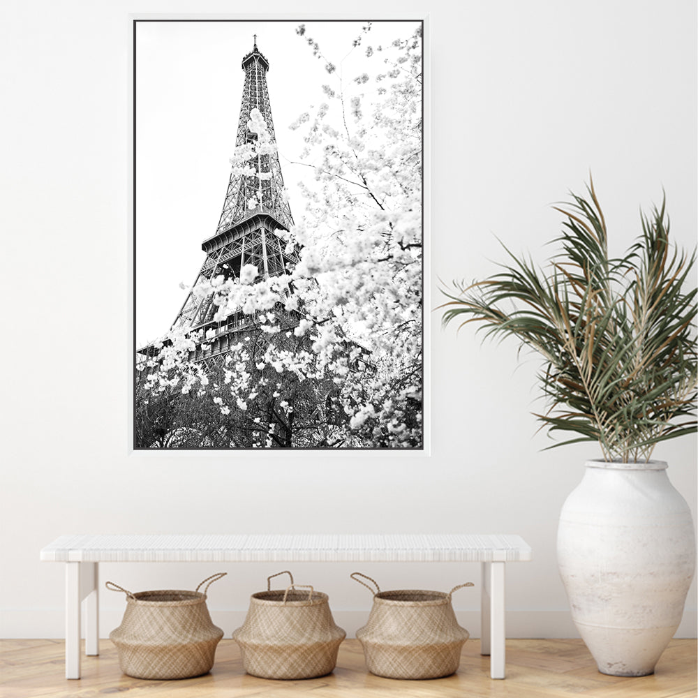 Black and White Eiffel Tower in Spring Wall Art Photograph Print or Canvas Framed or Unframed HallwayWall by Beautiful Home Decor