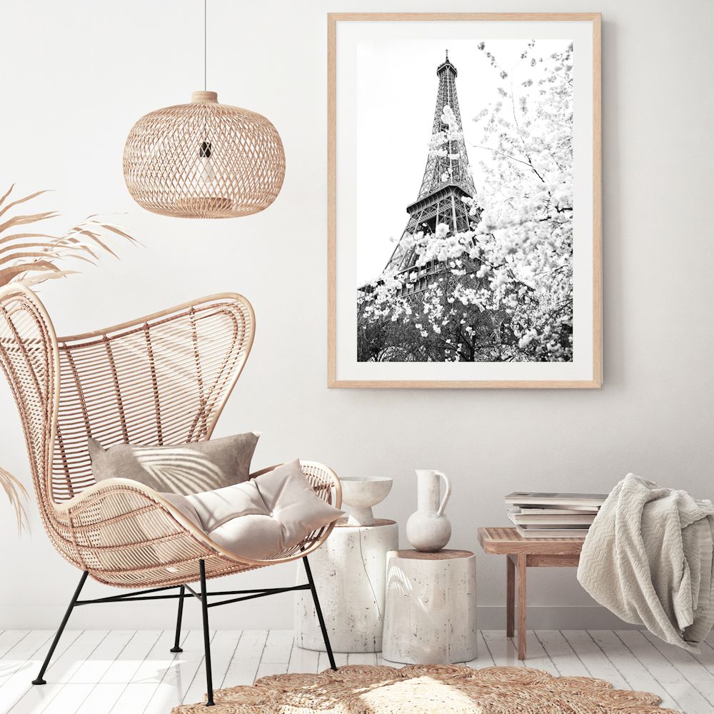 Black and White Eiffel Tower in Spring Wall Art Photograph Print or Canvas Framed or Unframed Office Beautiful Home Decor